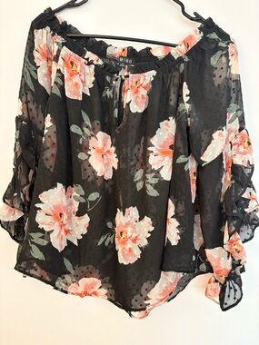 Timing Black Sheer Floral Off-Shoulder Blouse with Peach Flowers
